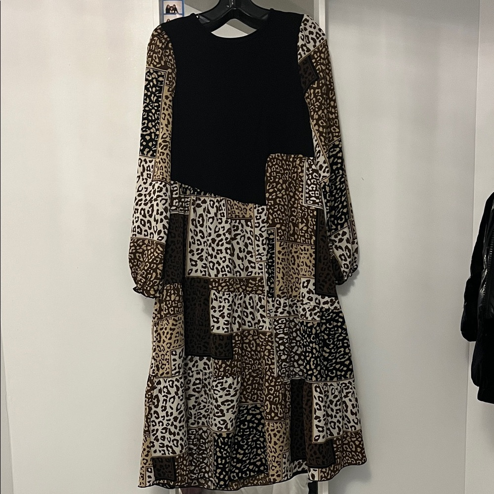 Chic Patchwork Animal Print Long Sleeve Dress - image 1